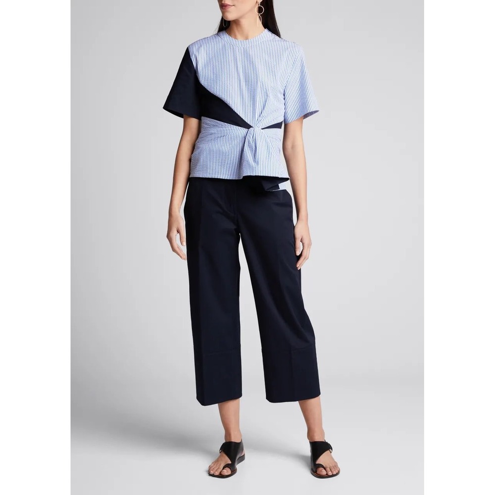 Cedric Charlier Women Seersucker Top 4 Stripe Luxury Preppy‎ Artsy Asymmetrical